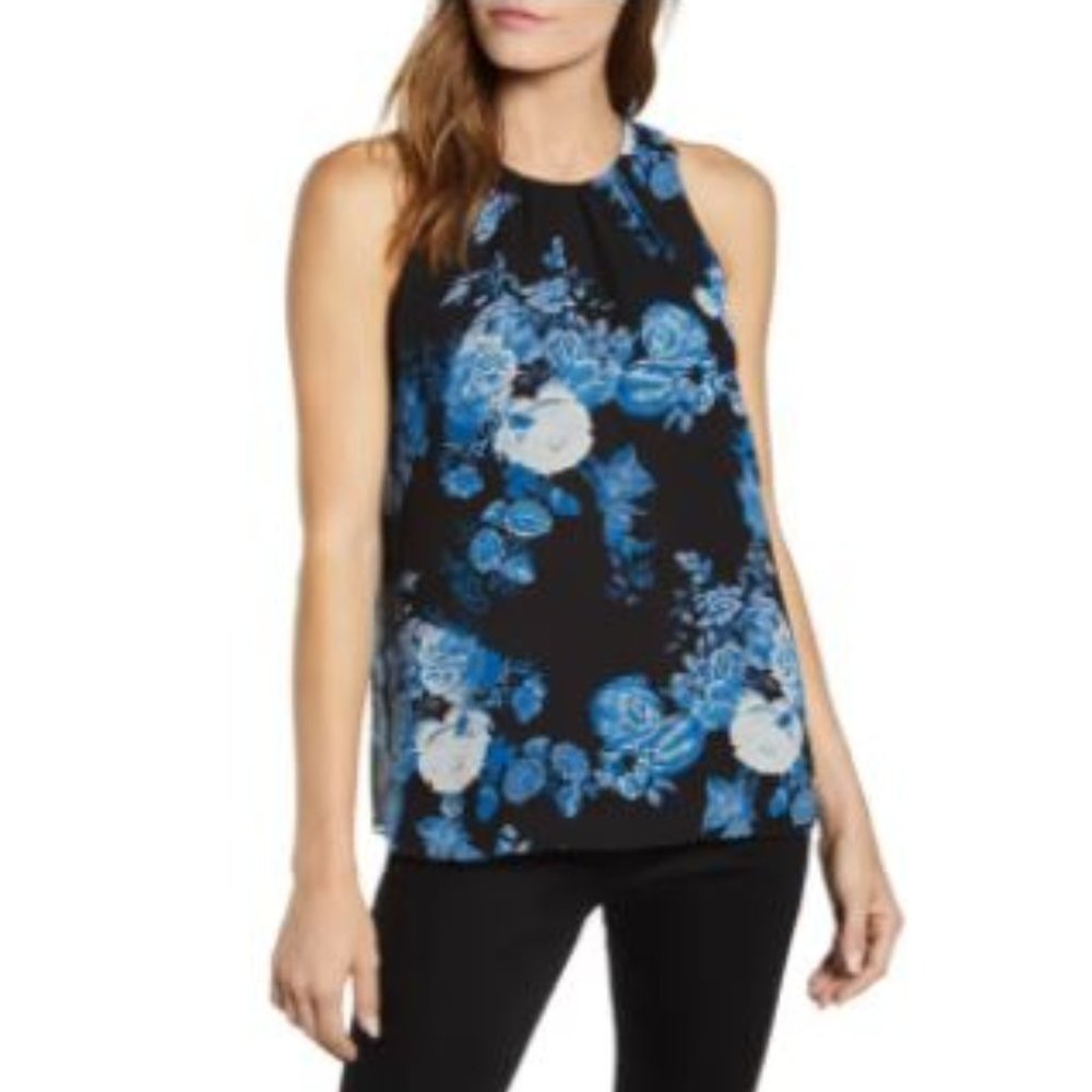 NWT Vince Camuto Cabbage Rose Toile Sleeveless Chiffon Blouse Rich Black Blue S